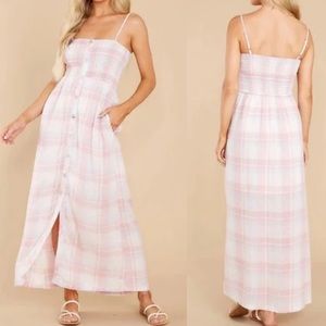 NWT Love Stitch Linen Blend Dress Size Medium Pink & Blue Plaid Maxi Dress